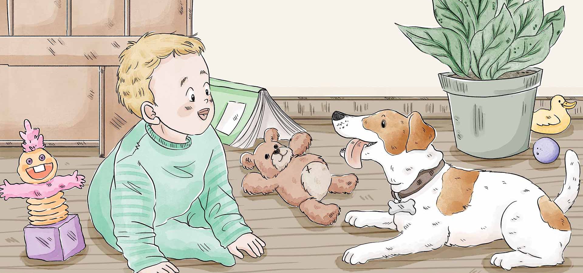 Dogga with the little boy on the floor with toys